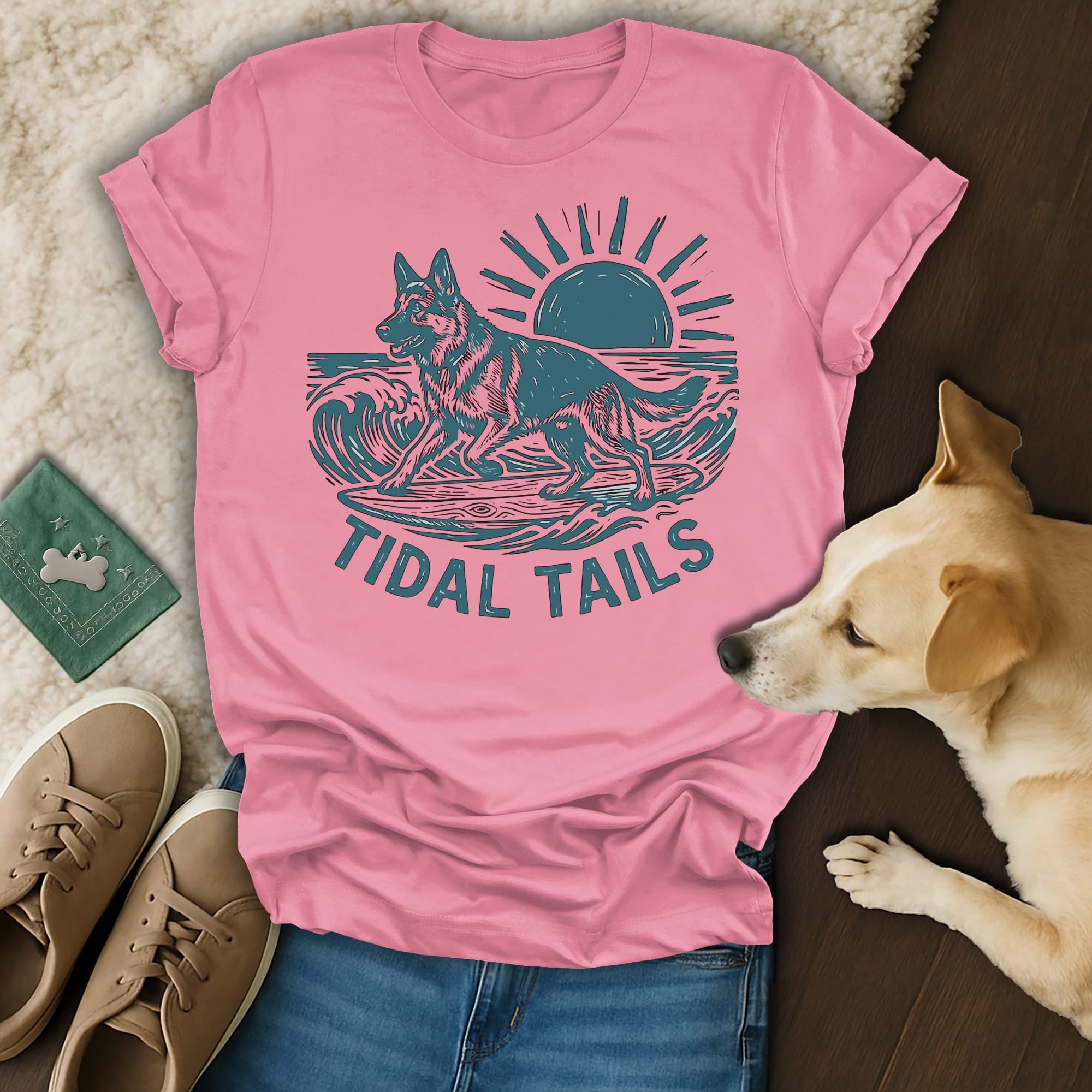 Pink t-shirt with a German Shepherd surfing on waves at sunset, "TIDAL TAILS" text.