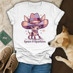 Chihuahua in cowboy hat and boots with "Spurs & Sparkles" text.