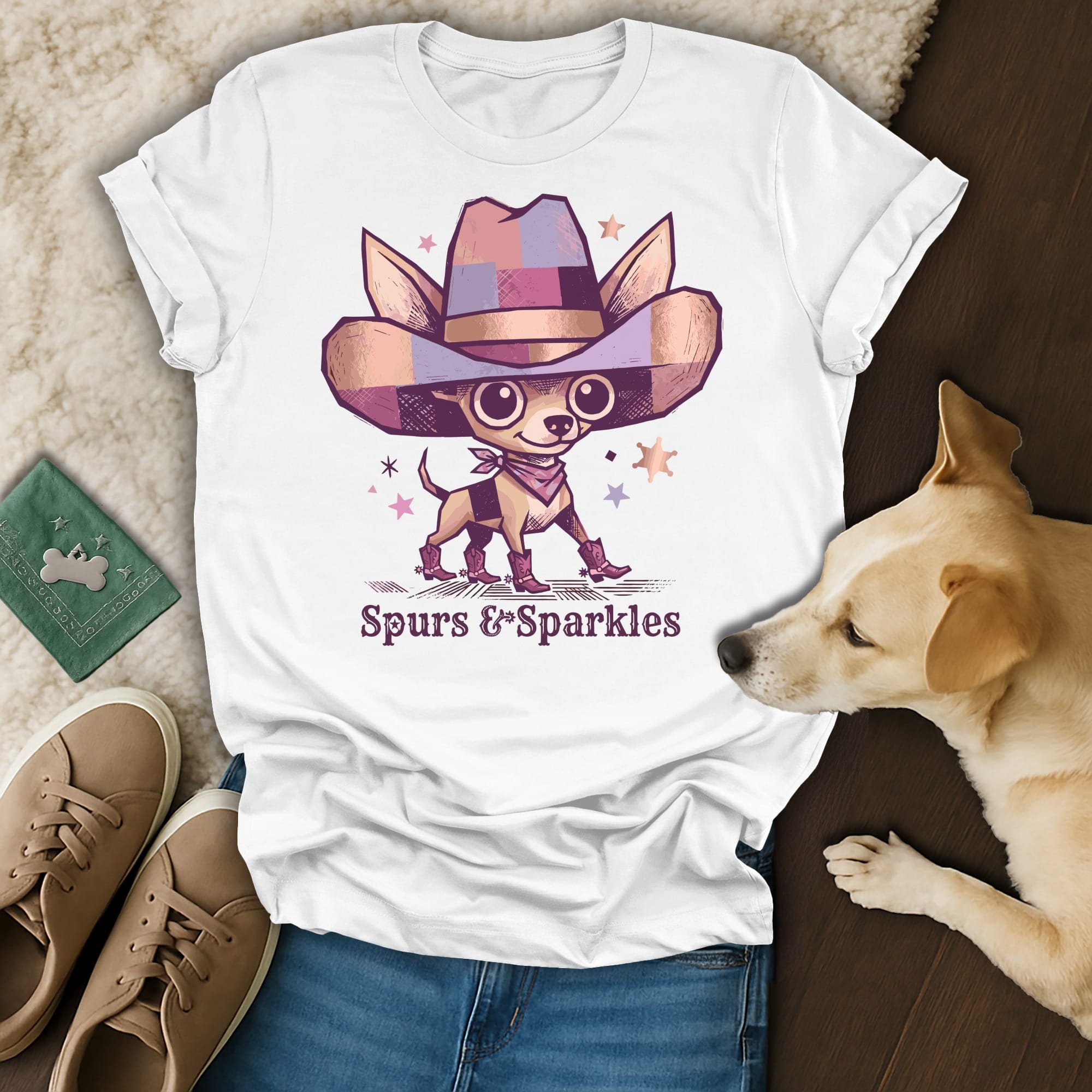 Chihuahua in cowboy hat and boots with "Spurs & Sparkles" text.