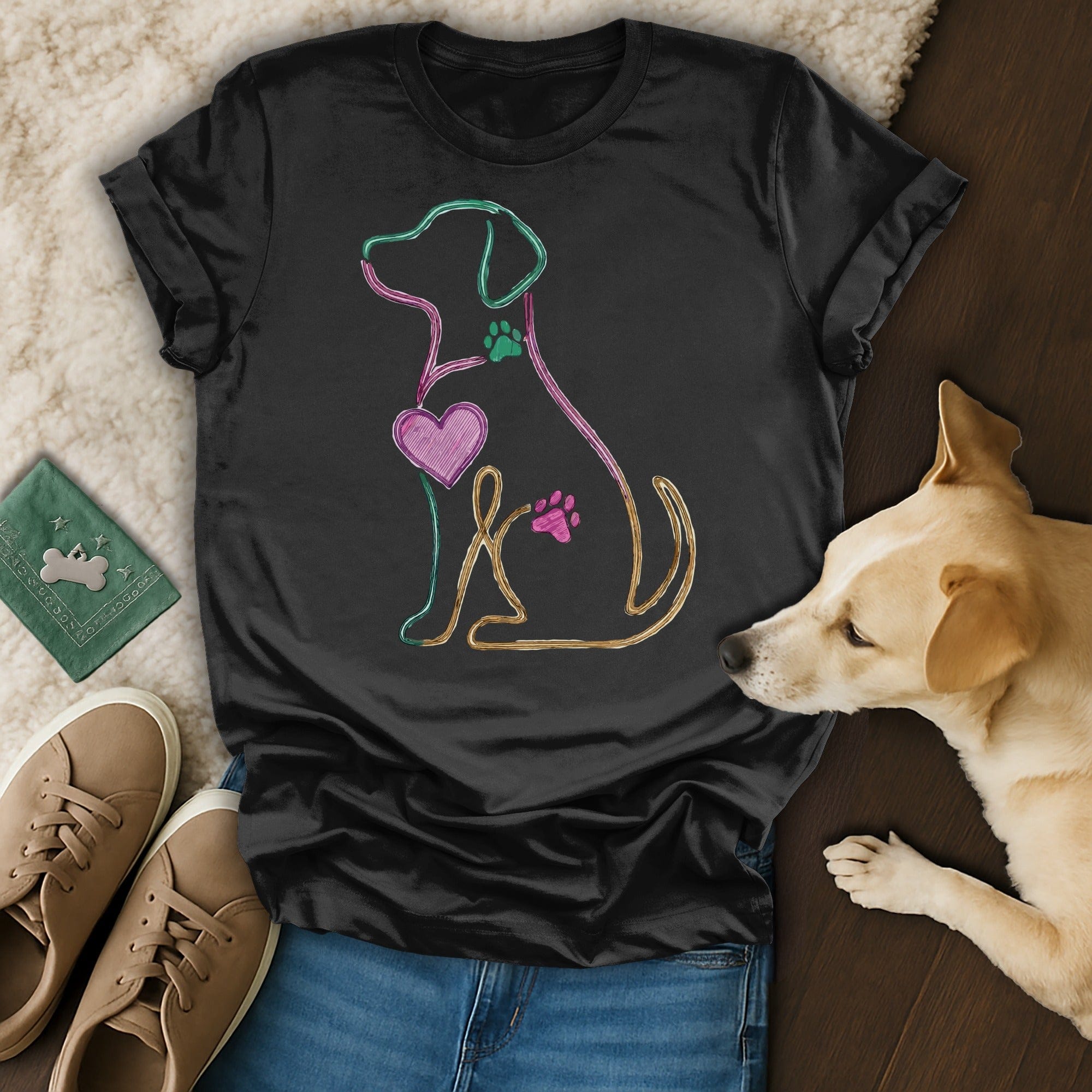 Black Tee Colorful Dog Outline Heart Paw Prints product type
