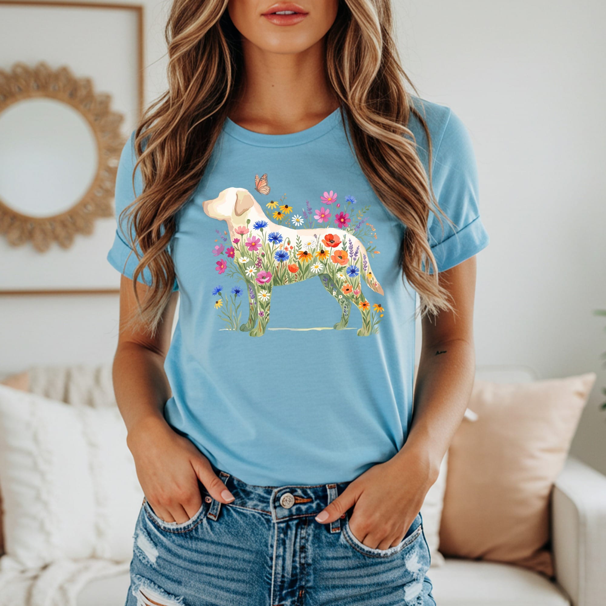 Light blue t-shirt with a yellow lab dog silhouette filled with colorful wildflowers.