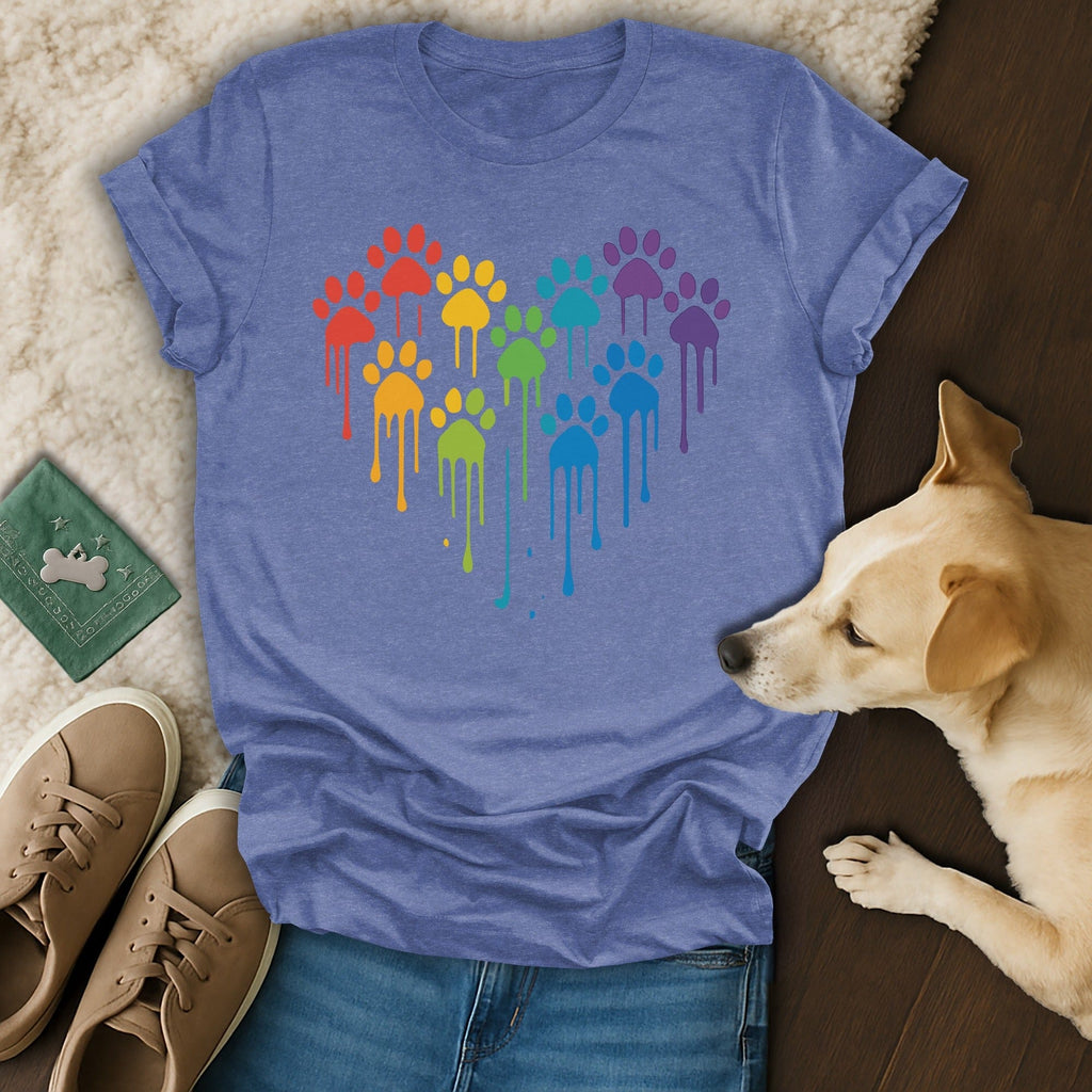 Vibrant Rainbow Paw Prints Heart Graphic T-shirt