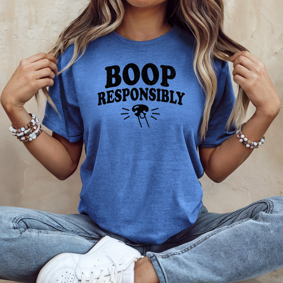 Blue t-shirt with "BOOP RESPONSIBLY" and cat nose graphic.