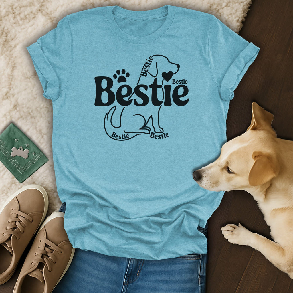 "Bestie" graphic on a light blue t-shirt with a dog silhouette.