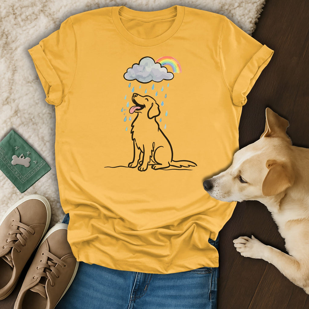 Yellow t-shirt with a line drawing of a happy dog in the rain, with a rainbow.