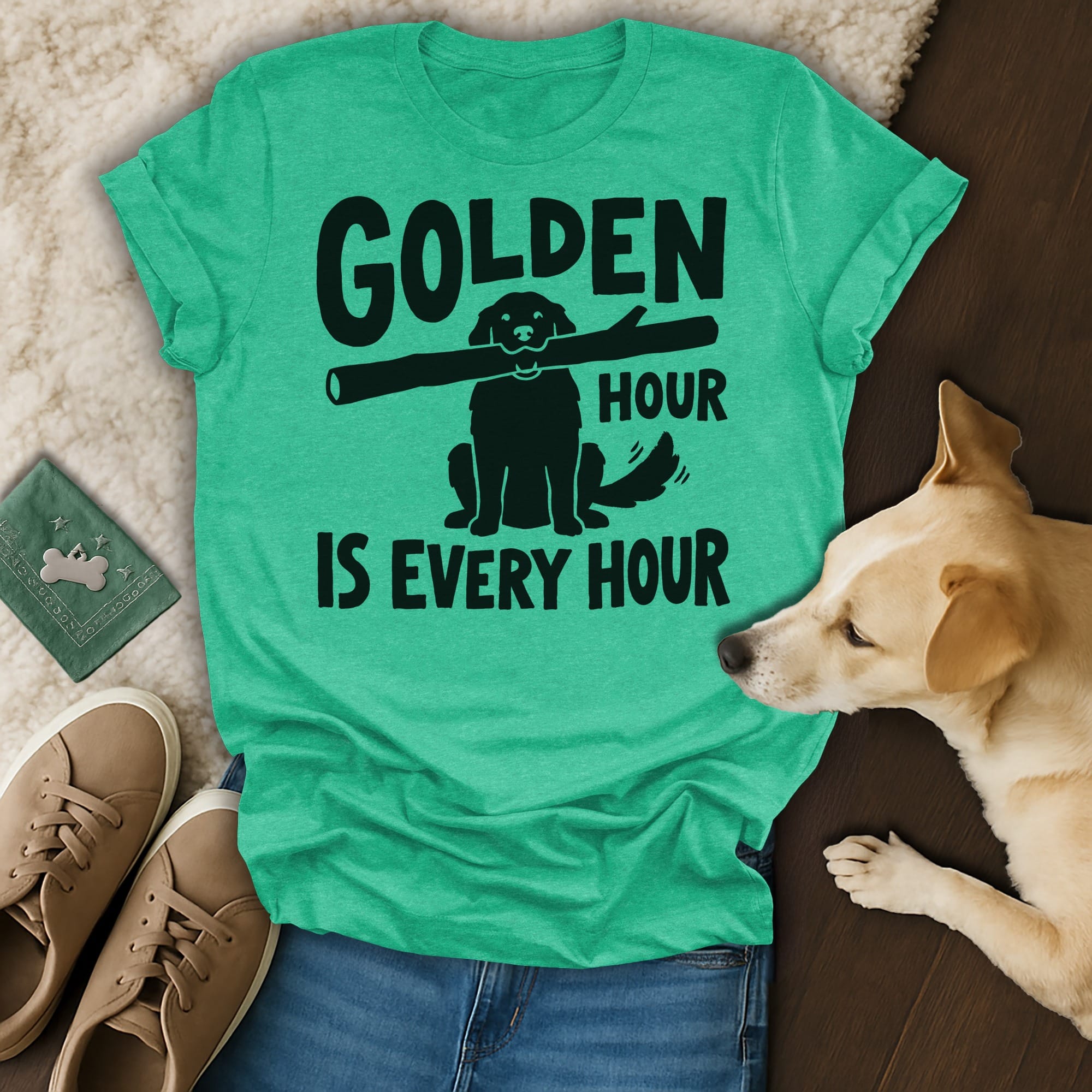Green t-shirt with black text "GOLDEN HOUR IS EVERY HOUR" and dog graphic.
