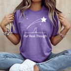 Purple t-shirt with a dog, shooting star, and "Fur Real Though" text.