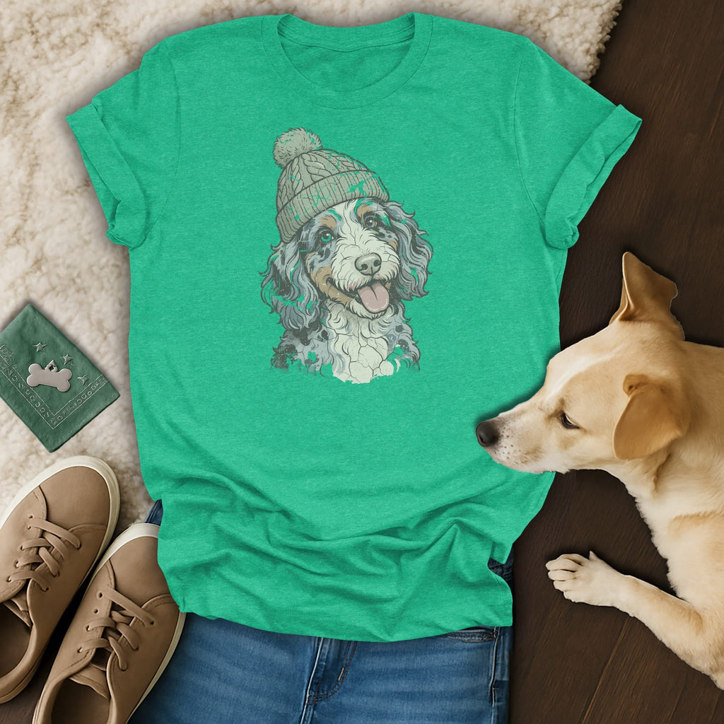 Green t-shirt with a doodle dog wearing a beanie and a tan dog.