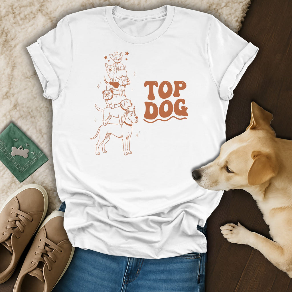 White t-shirt with stacked dogs graphic and "TOP DOG" text.