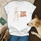 White t-shirt with stacked dogs graphic and "TOP DOG" text.