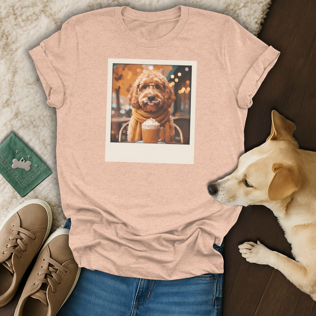 Peach t-shirt with a polaroid-style print of a dog in glasses and scarf.