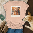 Peach t-shirt with a polaroid-style print of a dog in glasses and scarf.