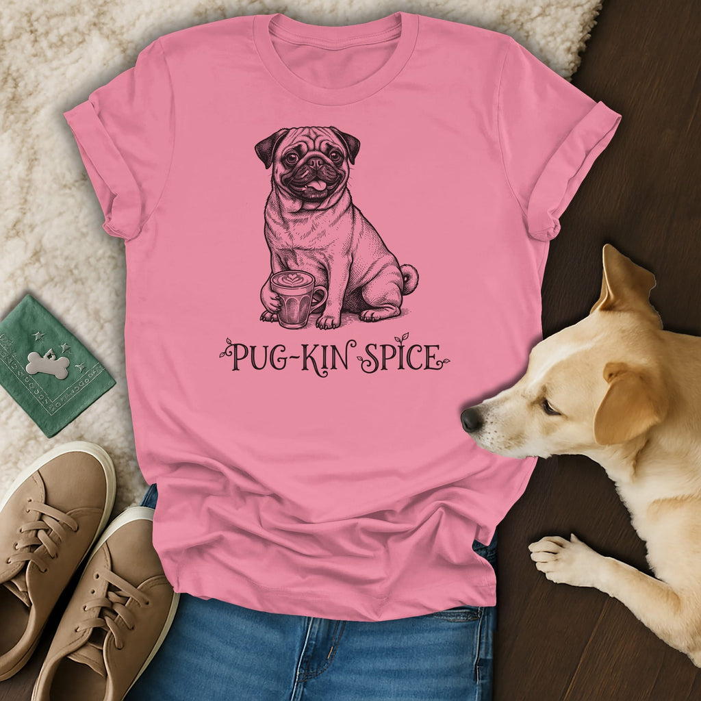 Pink t-shirt with sketch of pug holding coffee cup and text "PUG-KIN SPICE".