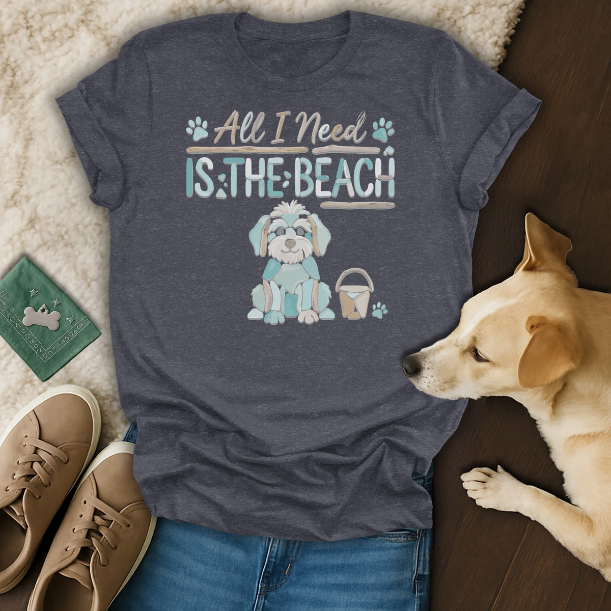 Dark gray t-shirt with graphic: "All I Need Is The Beach" and a sitting dog.