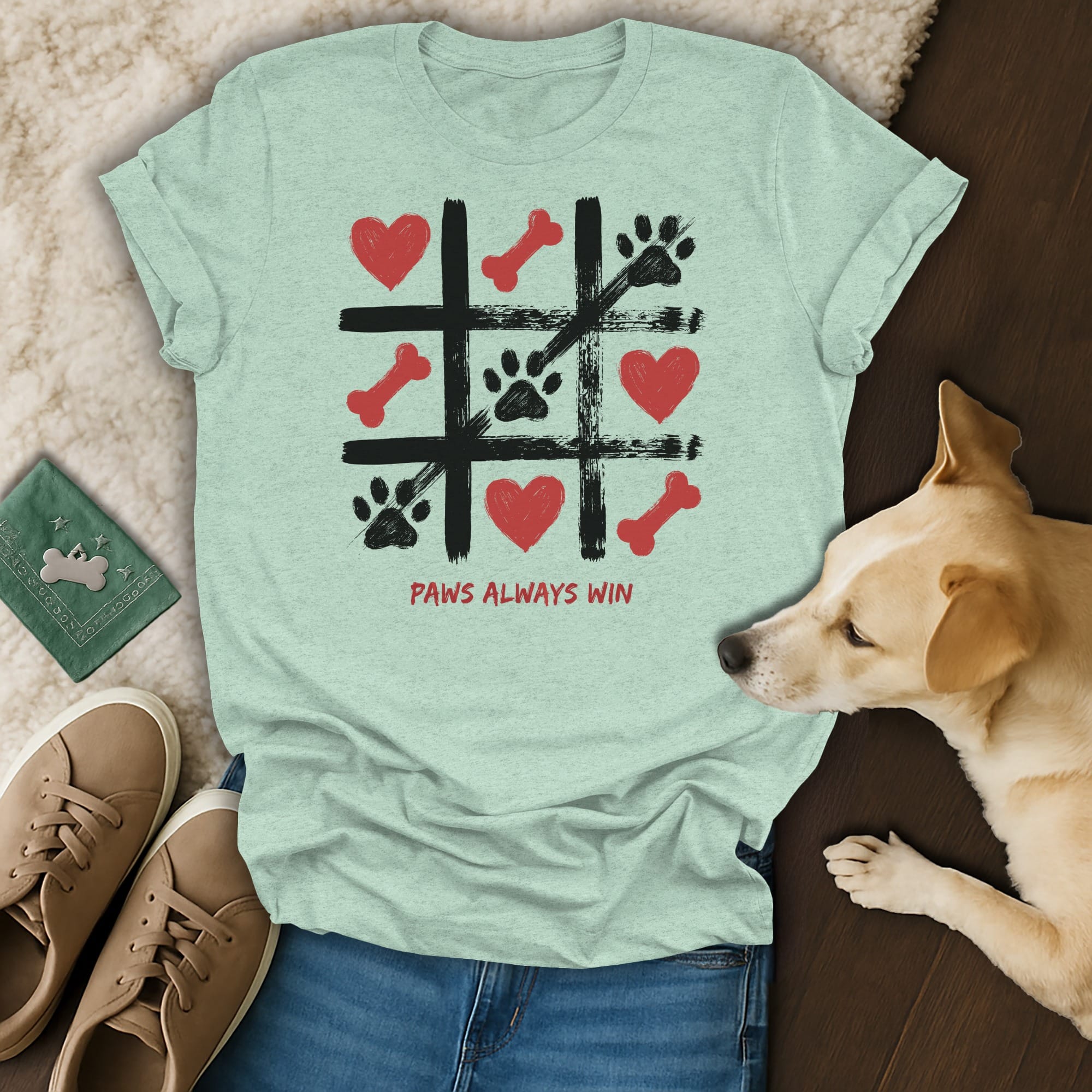 Light green t-shirt with tic-tac-toe game graphic and text "Paws Always Win".