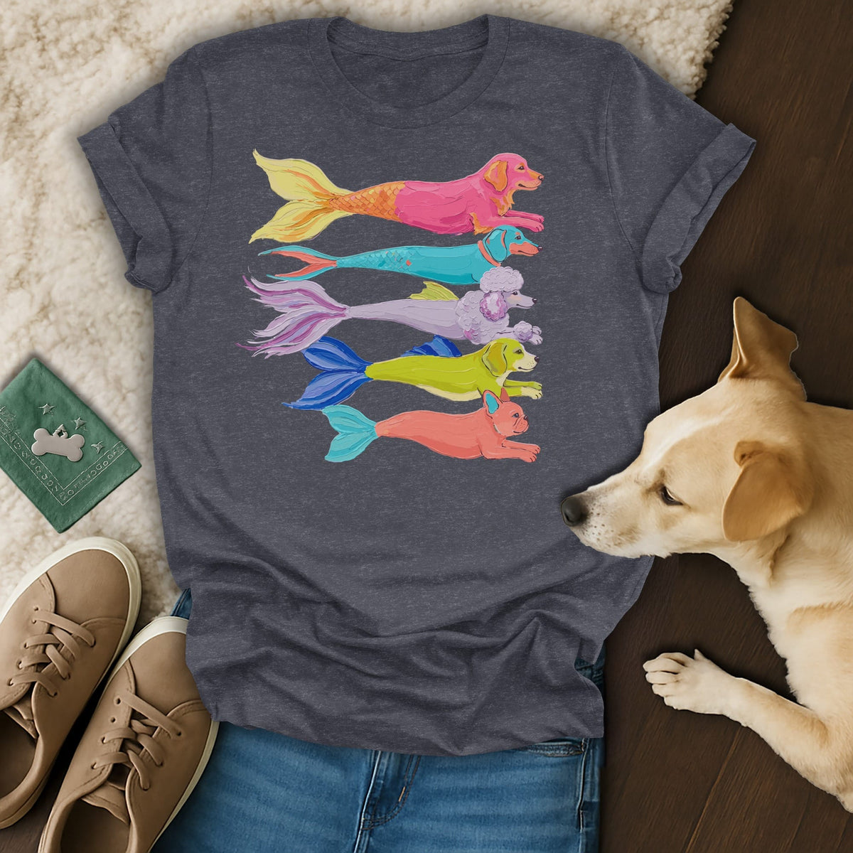 Dark t-shirt with five colorful dog-mermaid illustrations stacked vertically.