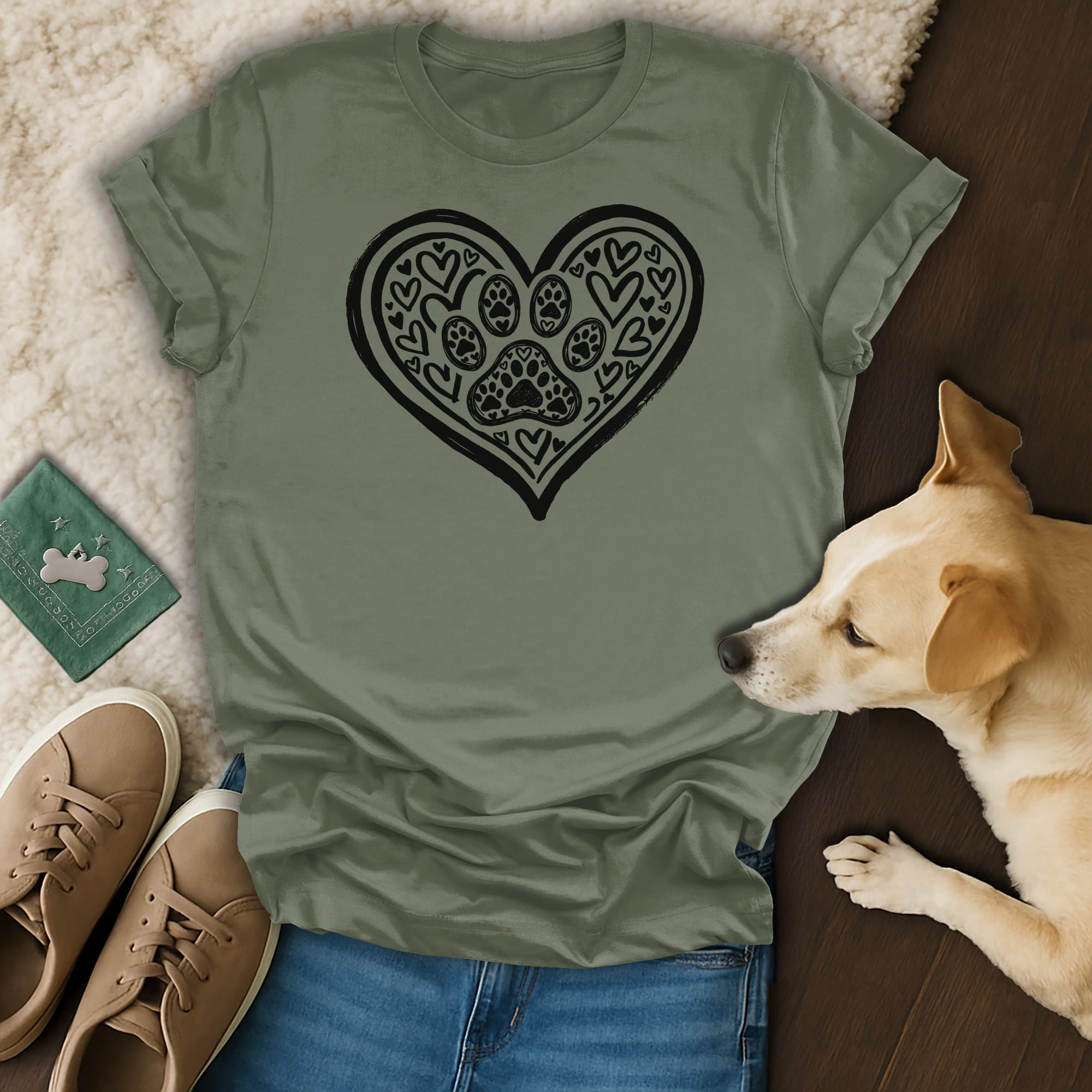 Olive t-shirt with a black heart outline filled with paw prints and smaller hearts.