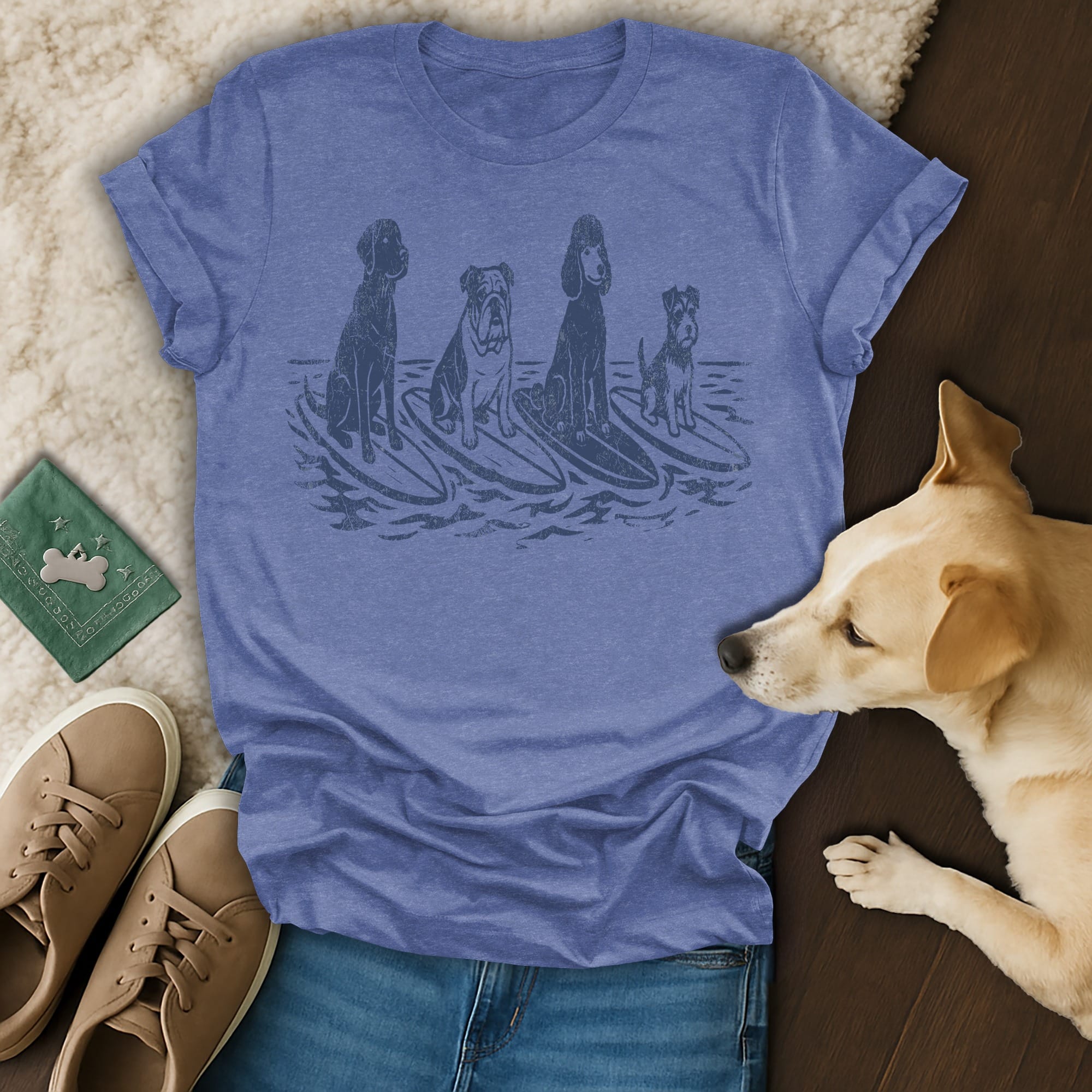 Four dogs on surfboards with a dog on the right.