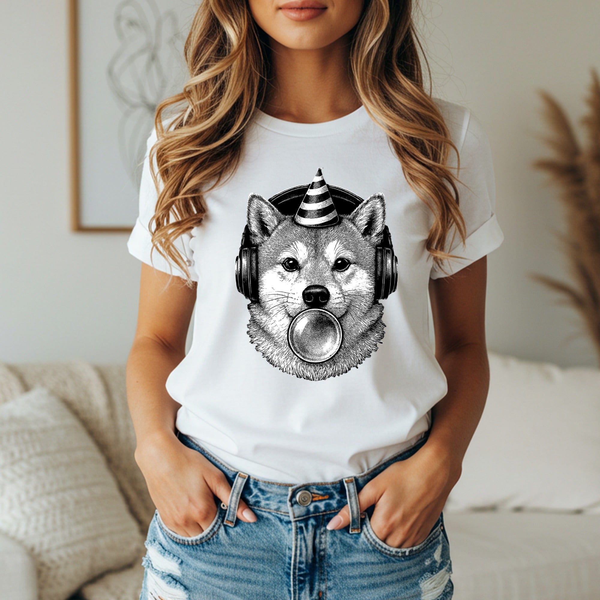 Funny Dog Wearing Headphones with Party Hat T-shirt