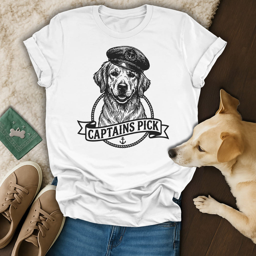 Golden retriever wearing a captain's hat with "CAPTAINS PICK" text.