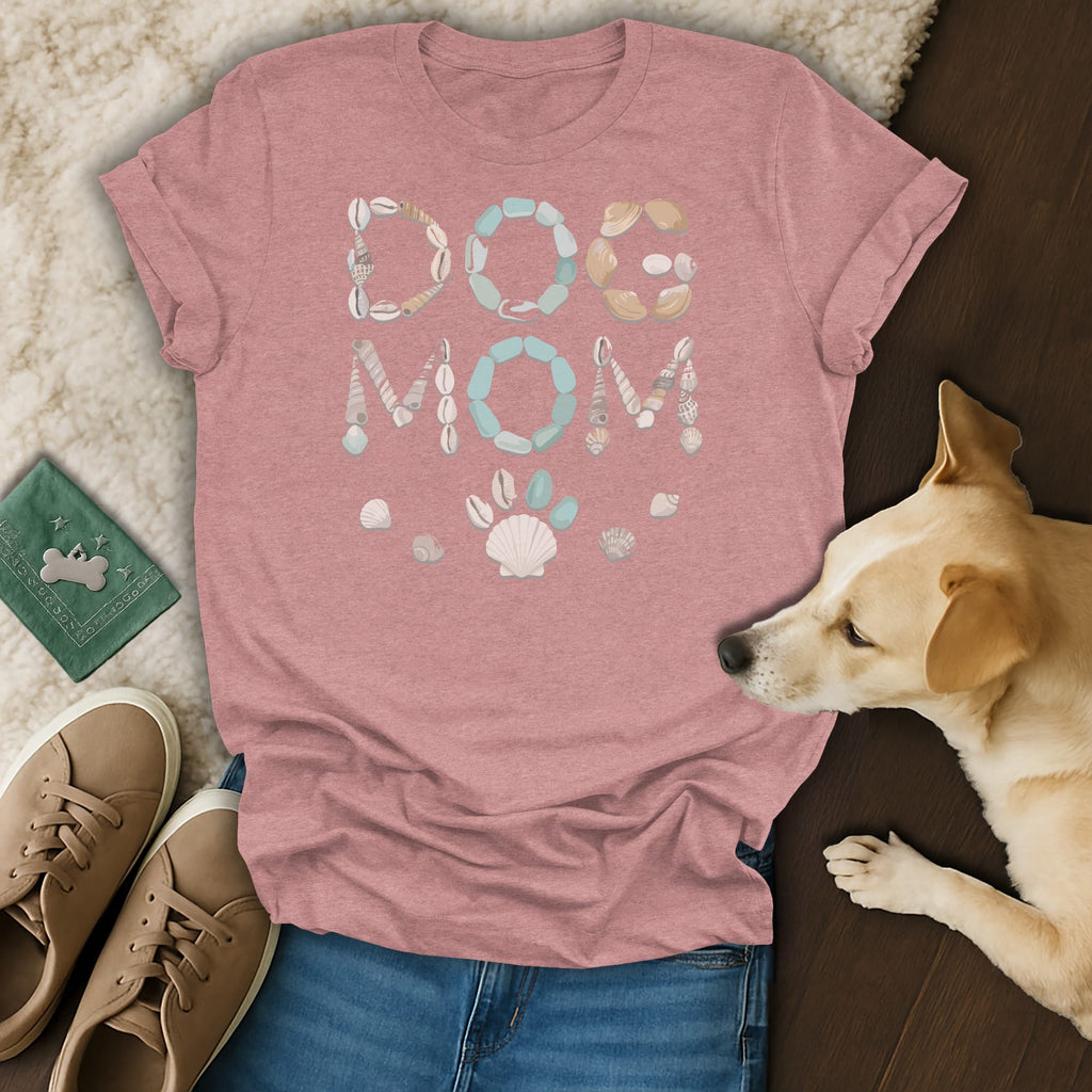 Pink t-shirt with "DOG MOM" text in shells and a paw print.