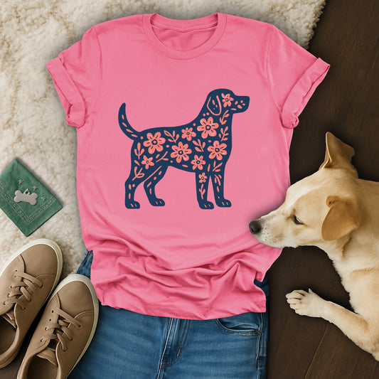Pink Casual Tee with Floral Dog Graphic Design