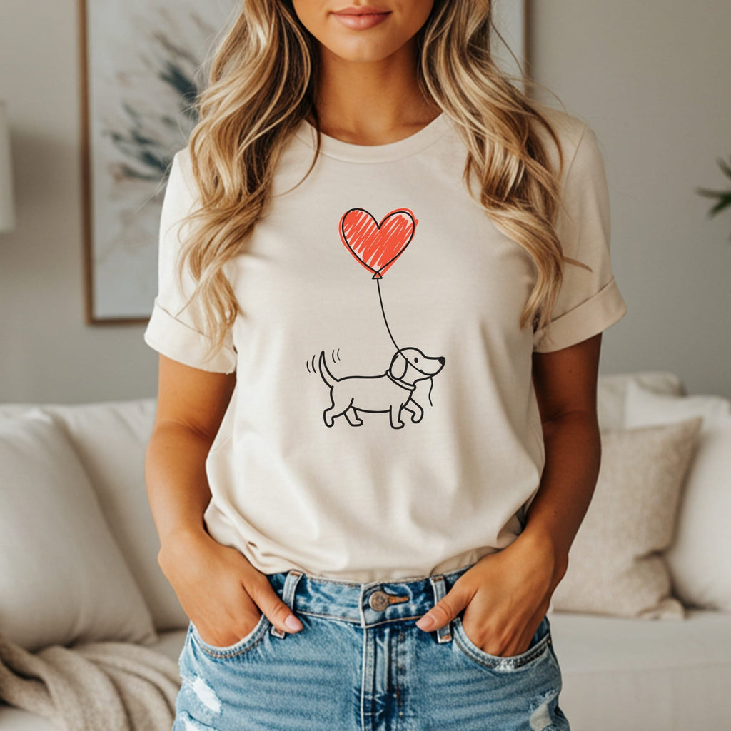 Line drawing of a dog walking with a red heart balloon on a light cream t-shirt.