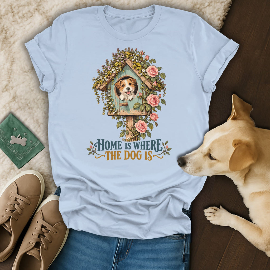 Light blue t-shirt featuring a graphic of a puppy in a birdhouse with floral elements and the text Home Is Where The Dog Is.