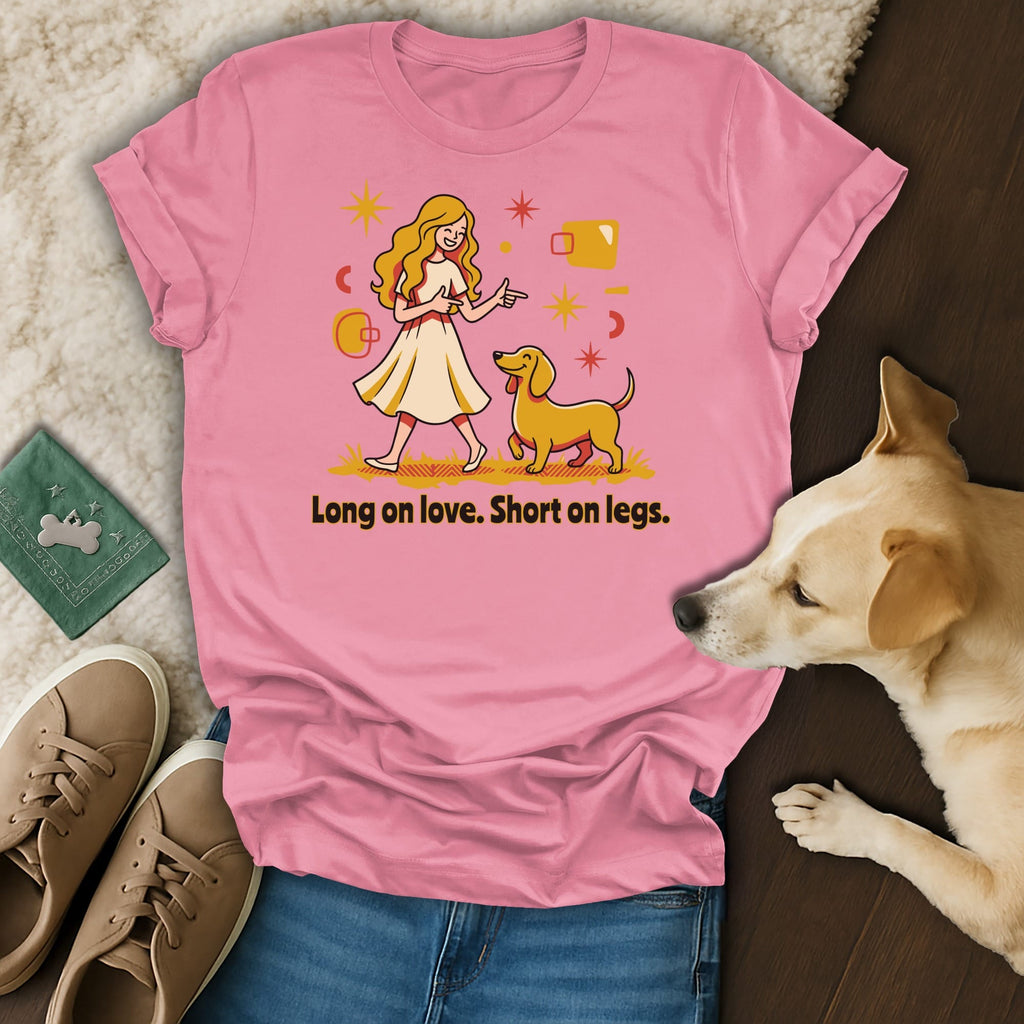Pink t-shirt with graphic of a blonde woman and yellow dog with text "Long on love. Short on legs."