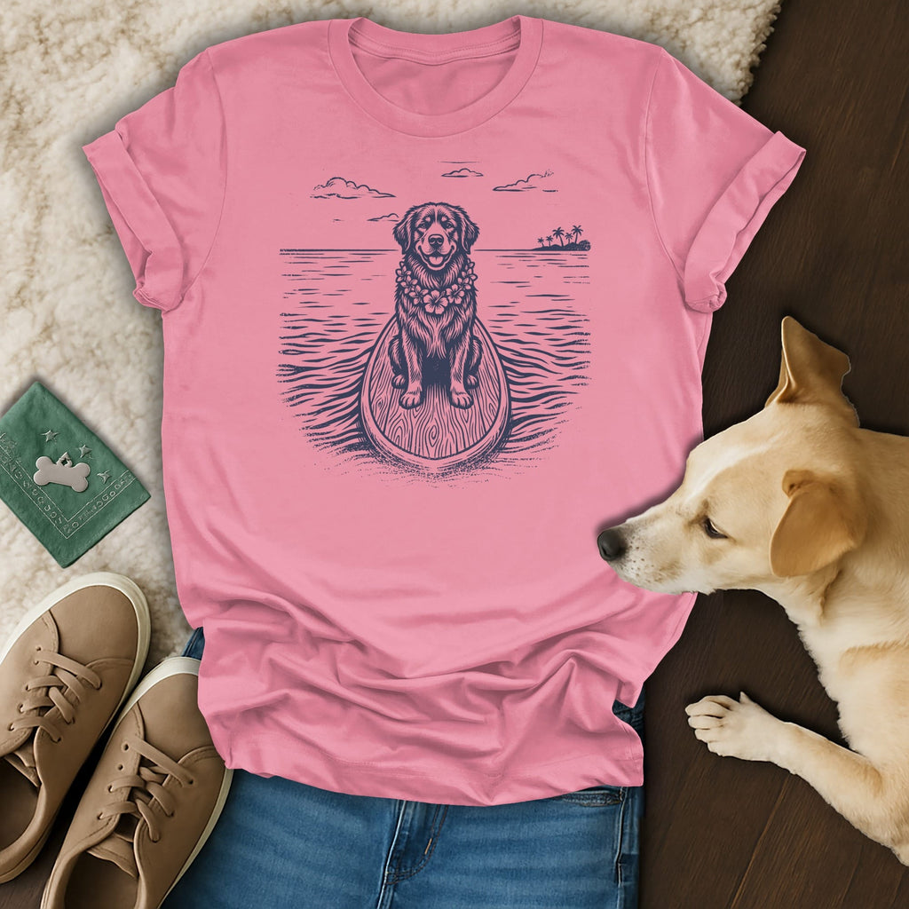 Pink t-shirt with a black line drawing of a dog on a surfboard.