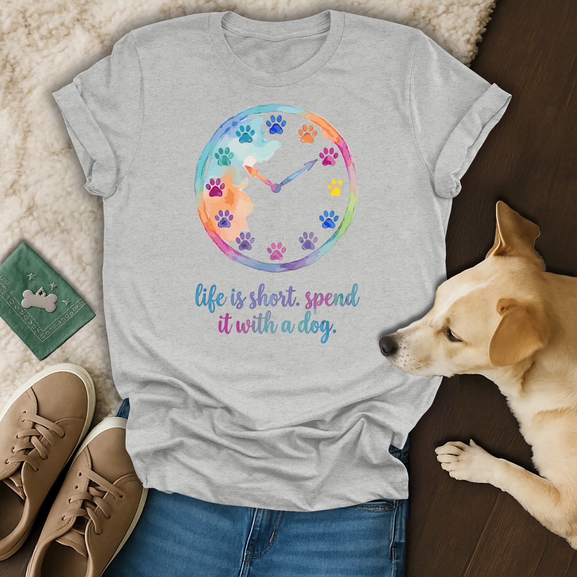 T-shirt with watercolor clock of paw prints, and text "life is short, spend it with a dog."