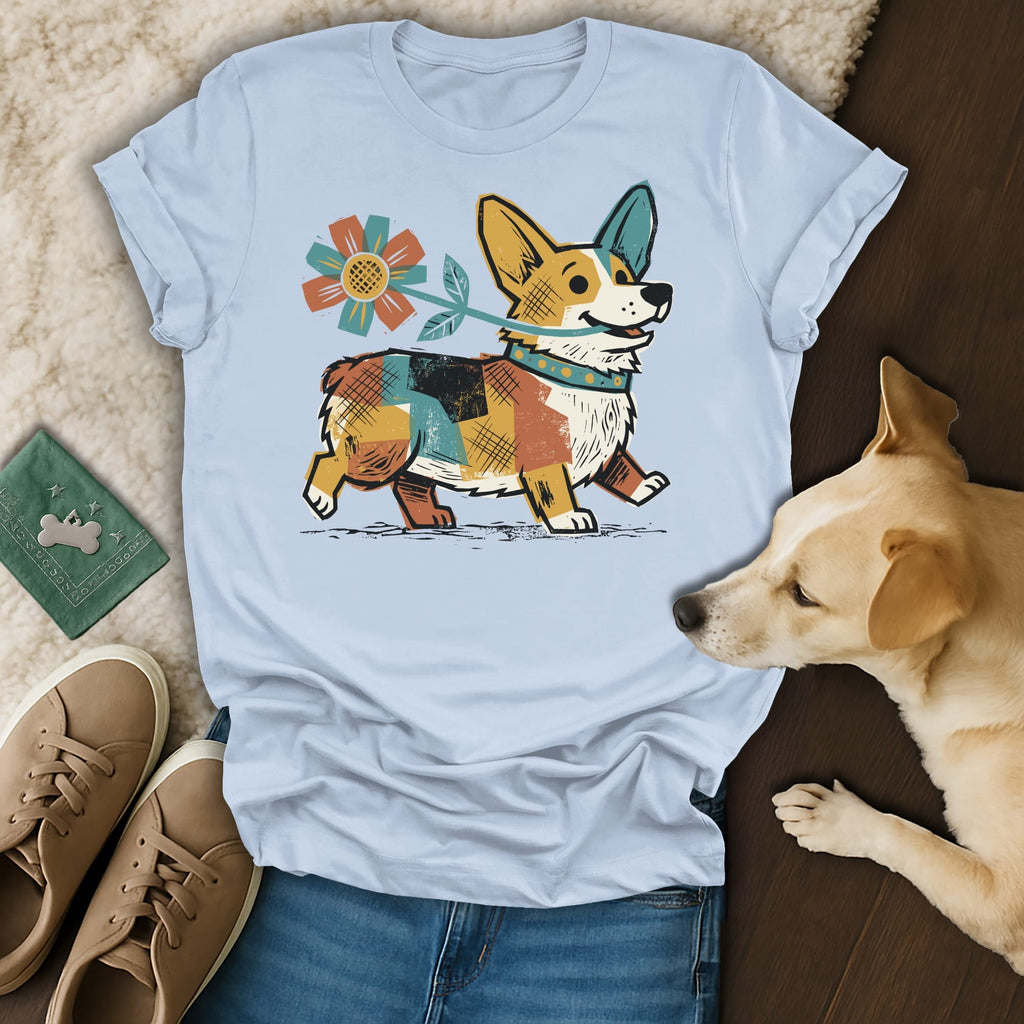 Light blue t-shirt with a corgi wearing a flower on a leash.