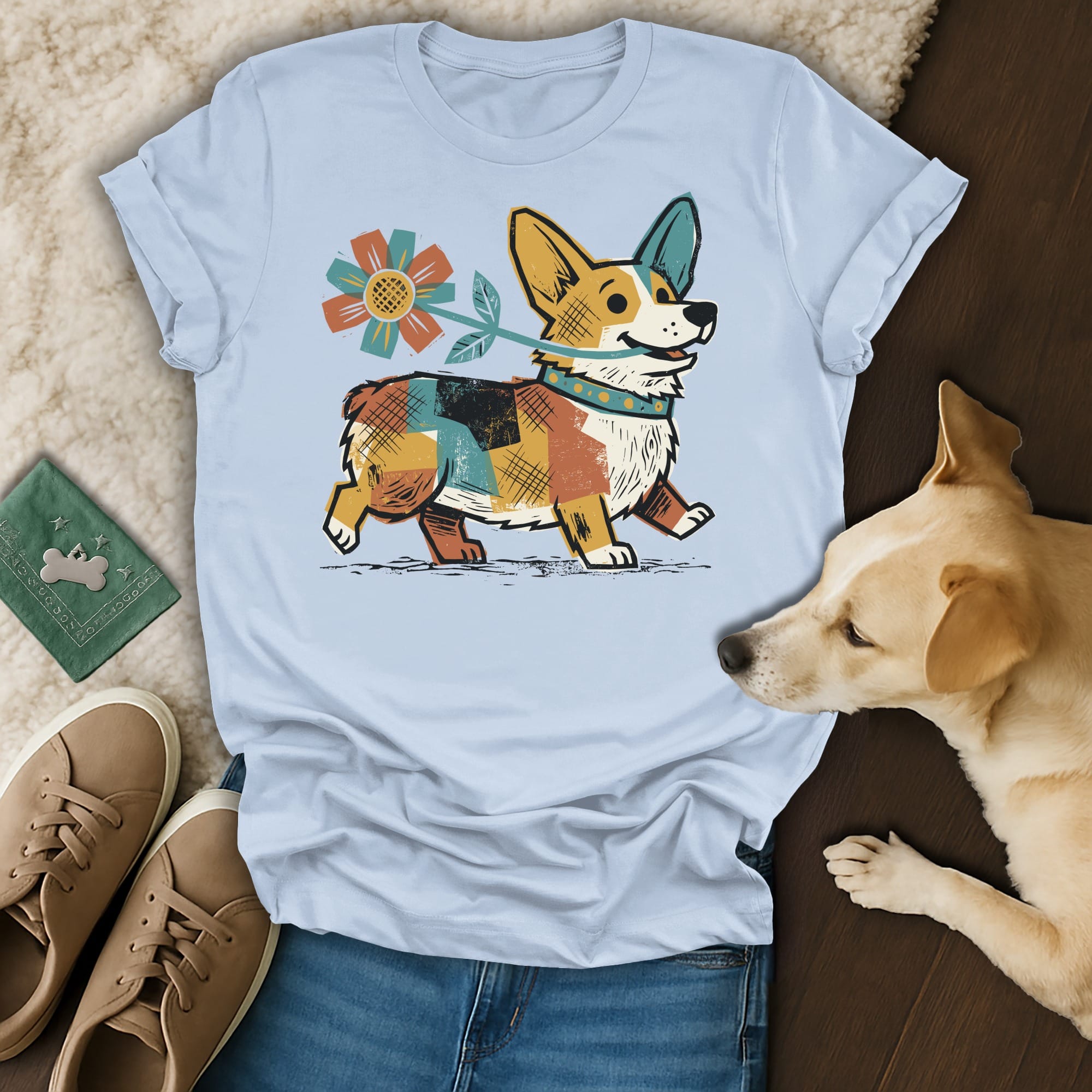 Light blue t-shirt with a corgi wearing a flower on a leash.