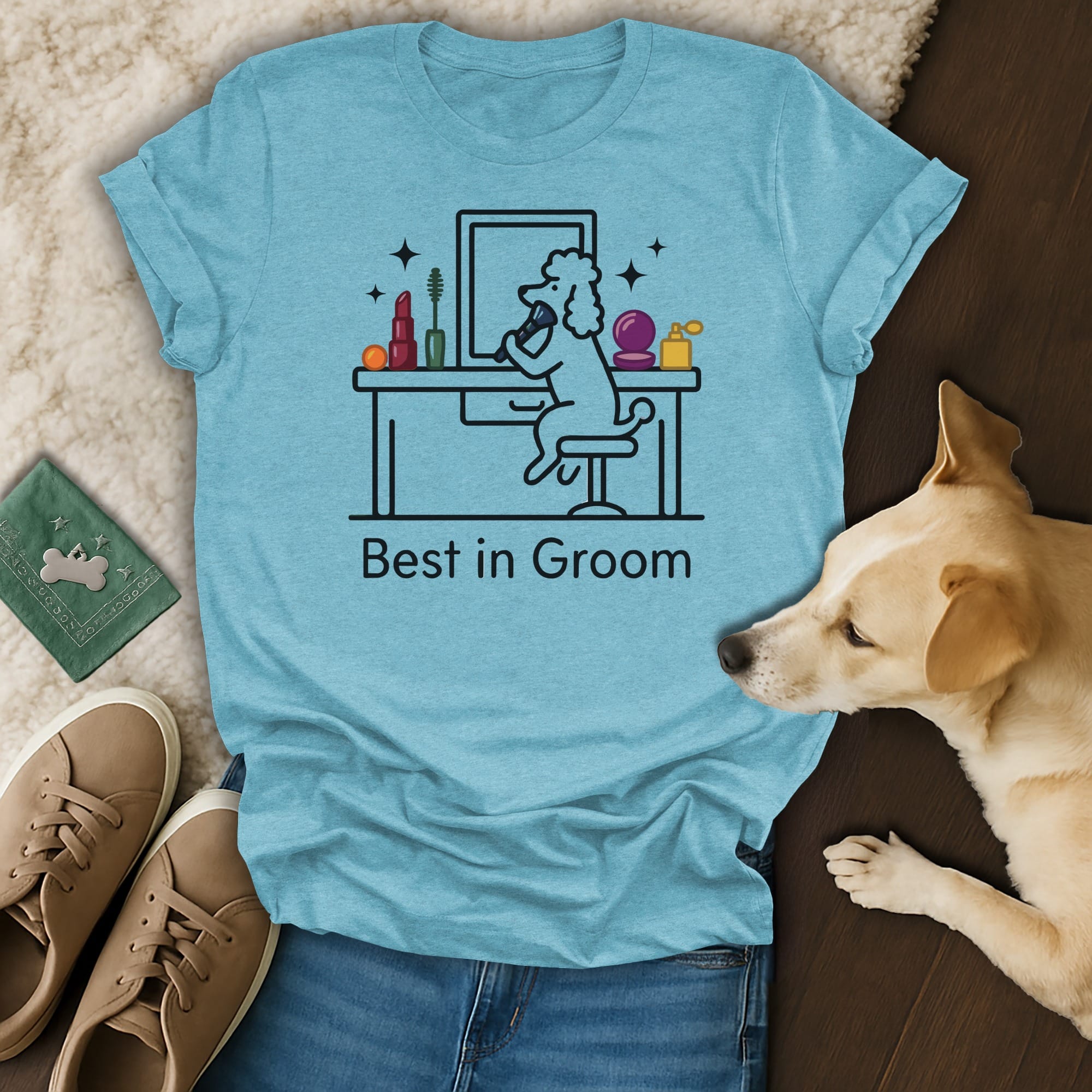 T-shirt with "Best in Groom" text and poodle at a vanity.