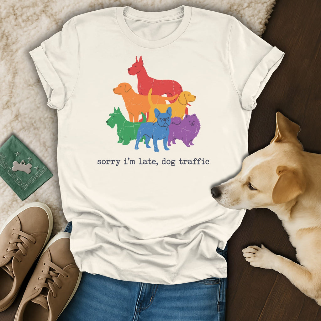 Cream t-shirt with rainbow dogs and "sorry i'm late, dog traffic" text.