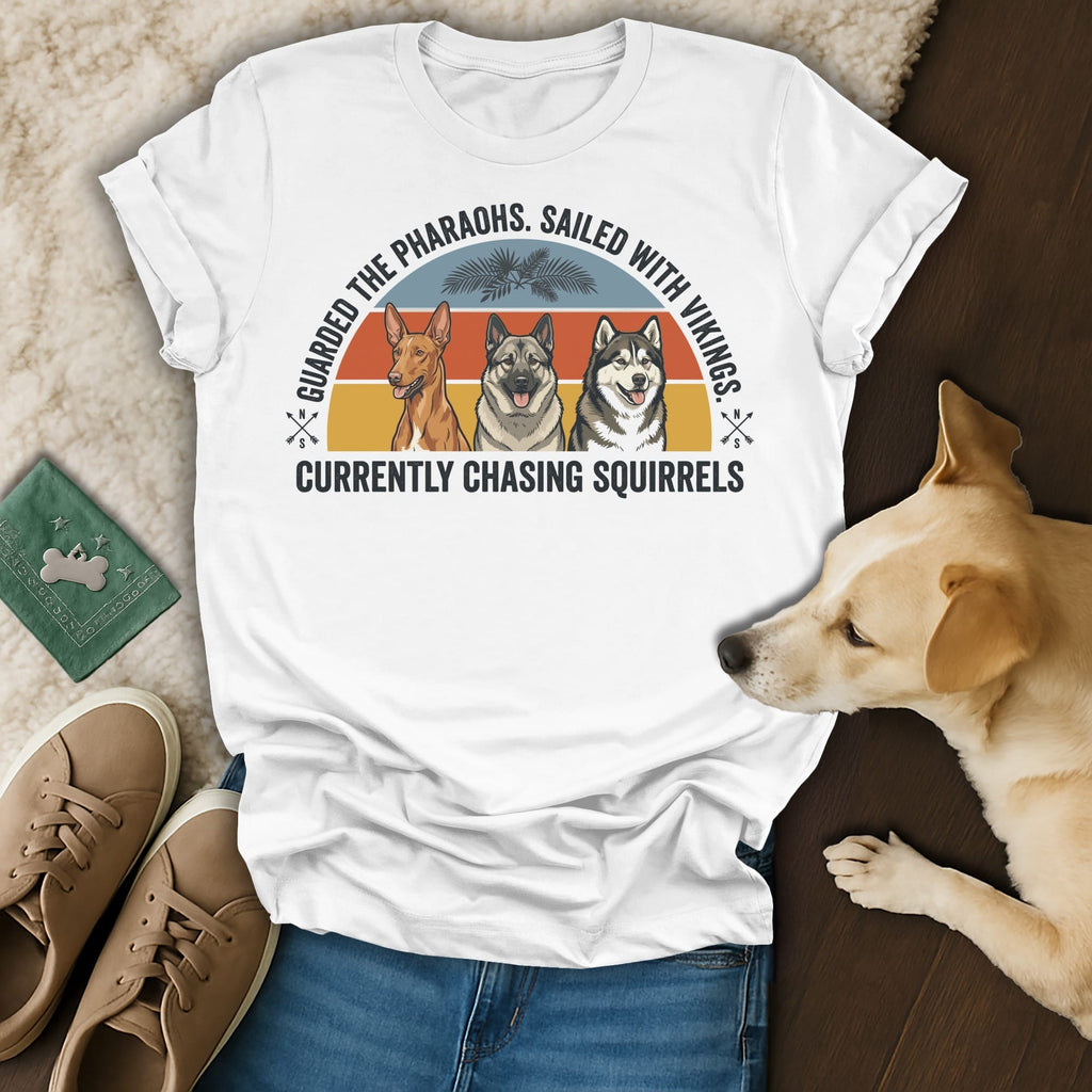 T-shirt with three dogs and text about pharaohs, vikings, and squirrels.
