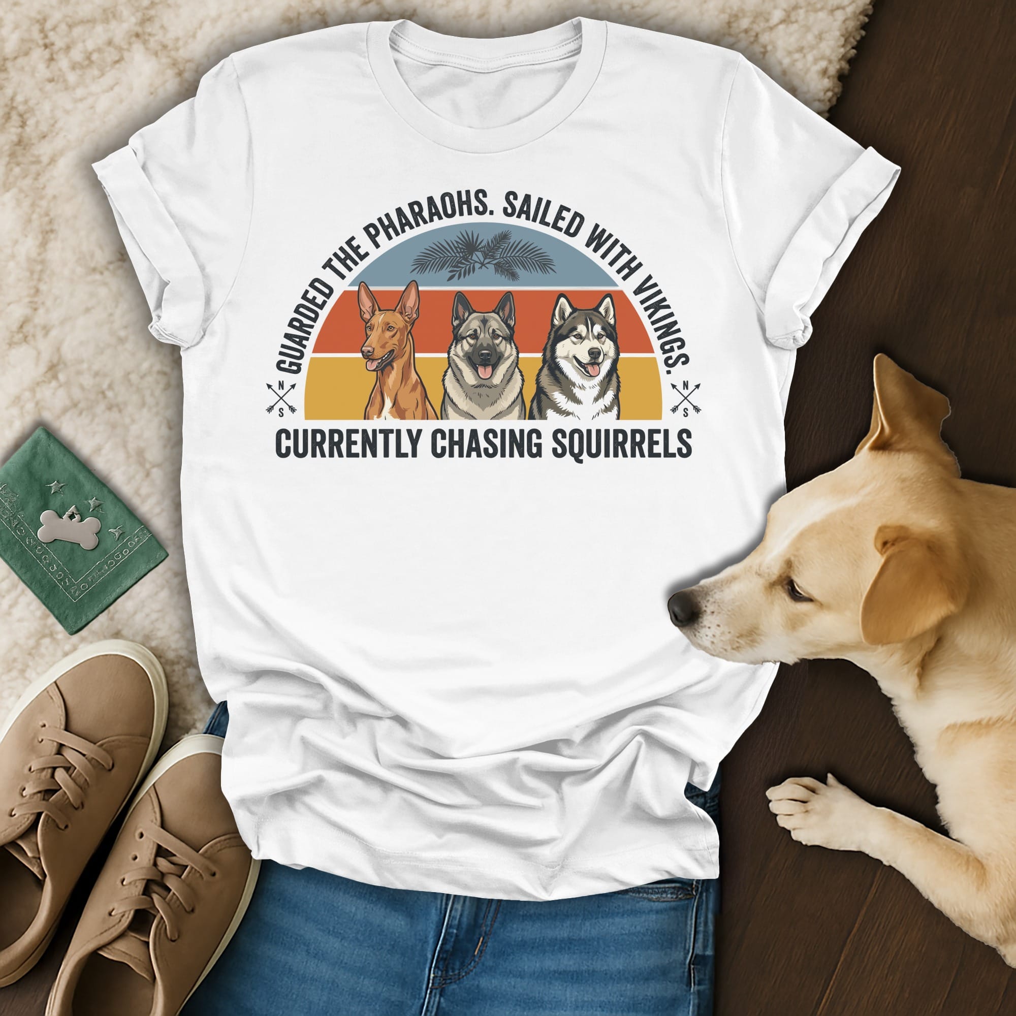 T-shirt with three dogs and text about pharaohs, vikings, and squirrels.