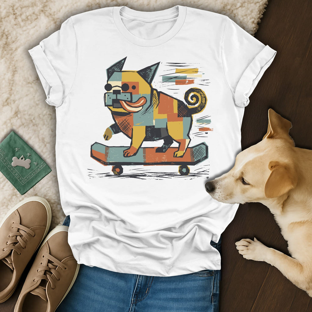 T-shirt with geometric dog graphic on a skateboard.