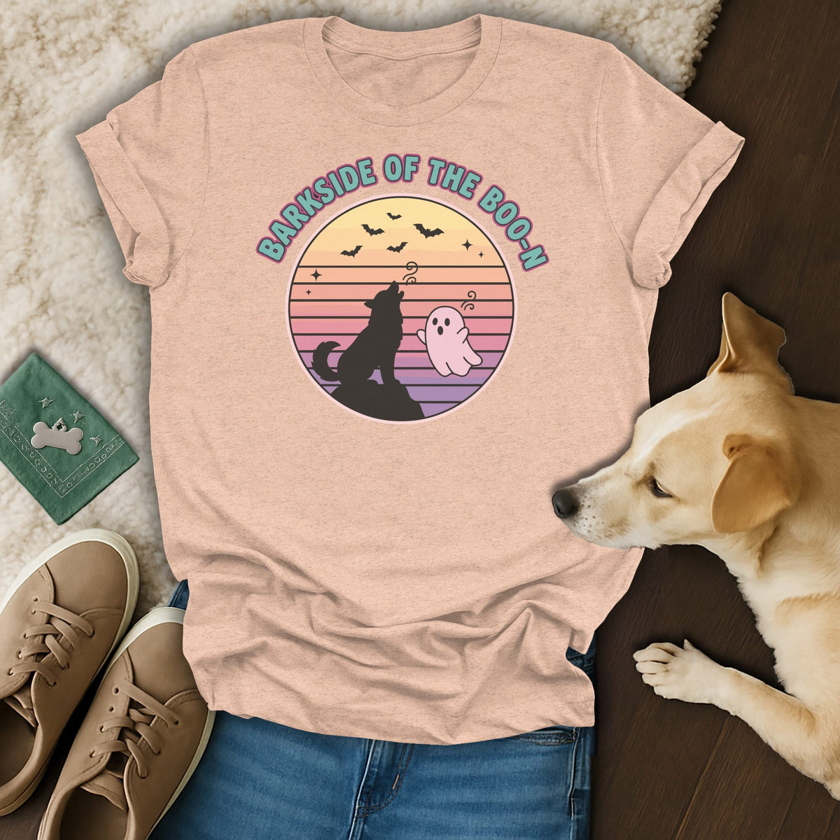 Peach t-shirt with "Barkside of the Boo-n" text, wolf, and ghost graphic.