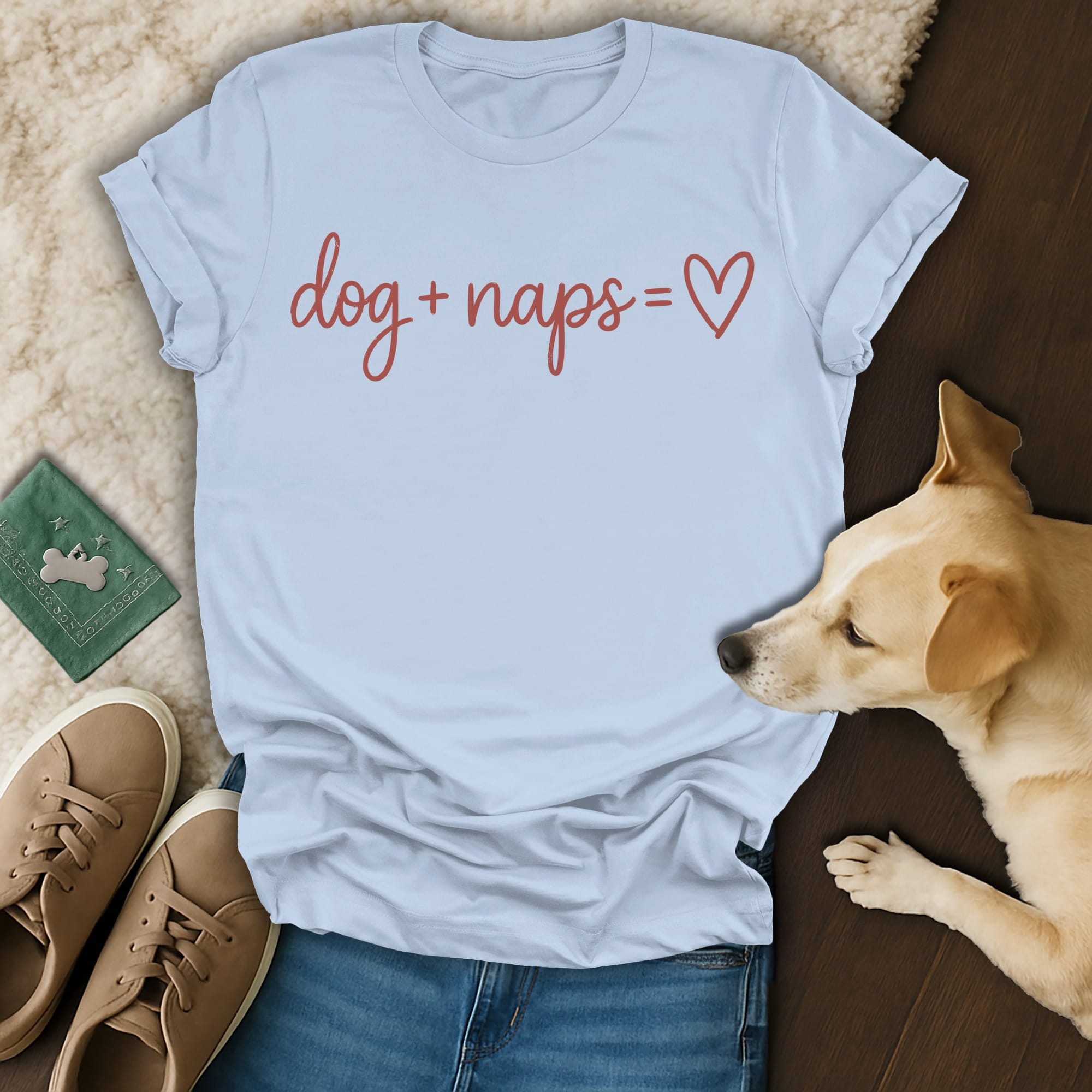 Light blue t-shirt with red text "dog + naps = ♡" and dog.