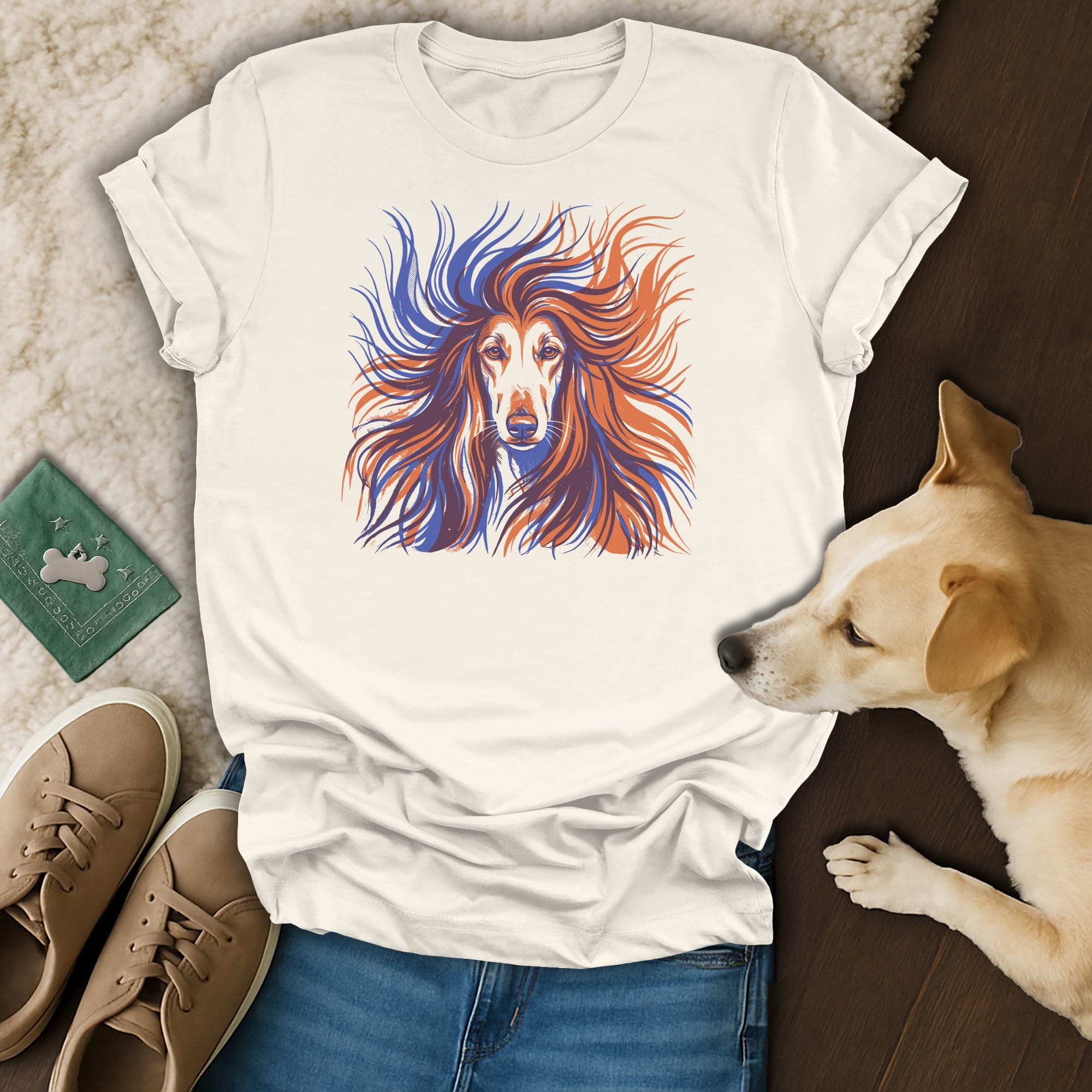 T-shirt with a stylized illustration of an Afghan Hound.