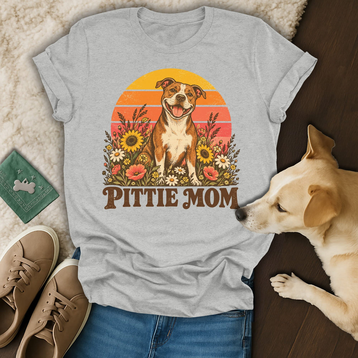 Light gray t-shirt featuring a retro graphic of a pit bull surrounded by flowers with the text Pittie Mom.