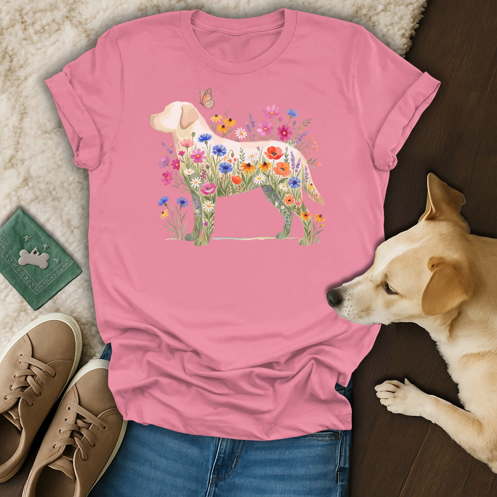 Pink t-shirt with a golden retriever silhouette filled with colorful wildflowers and a butterfly.