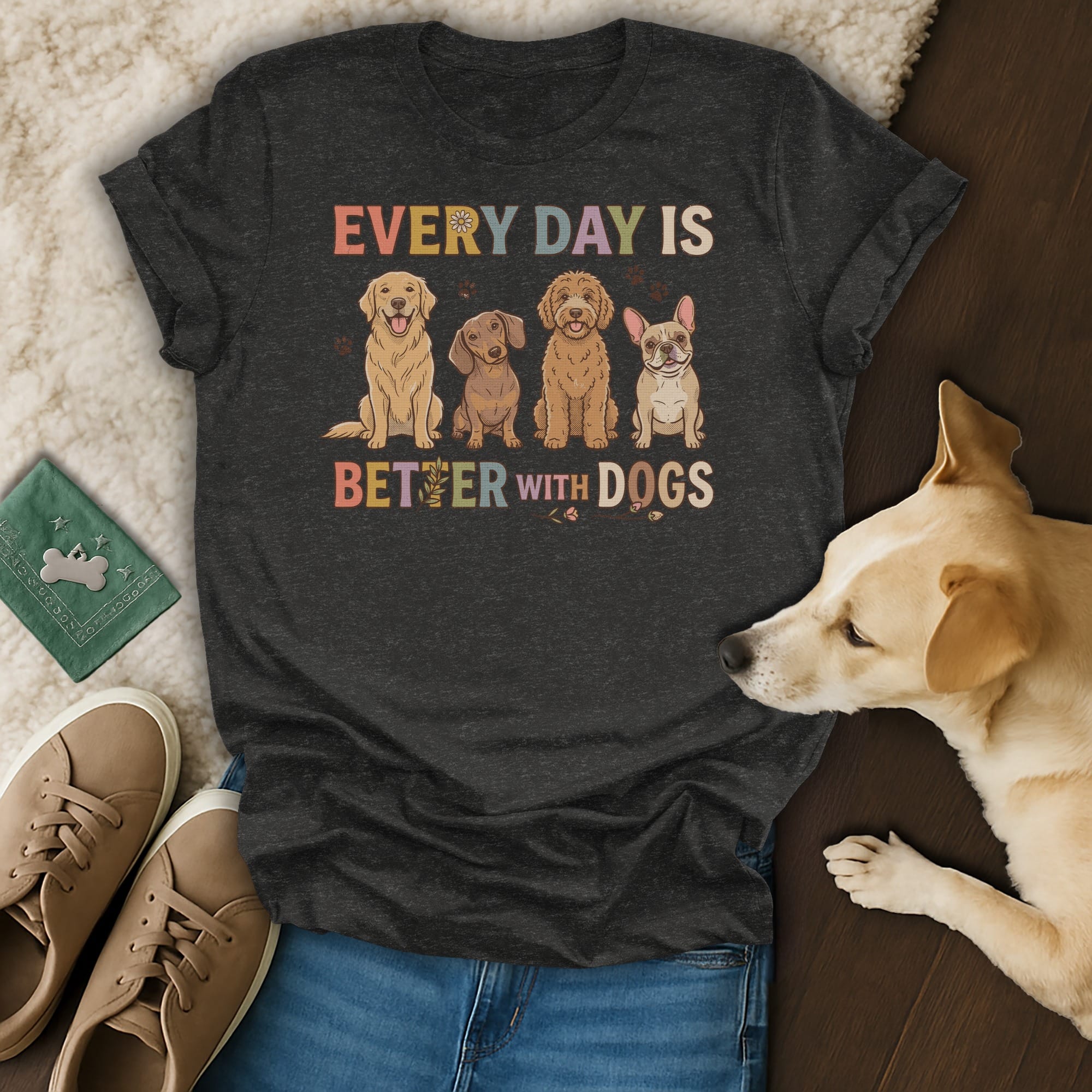 Dark t-shirt with four dogs and text "EVERY DAY IS BETTER WITH DOGS"