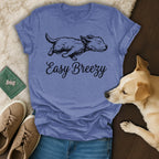 Heathered blue t-shirt with a sketched dog and "Easy Breezy" text.