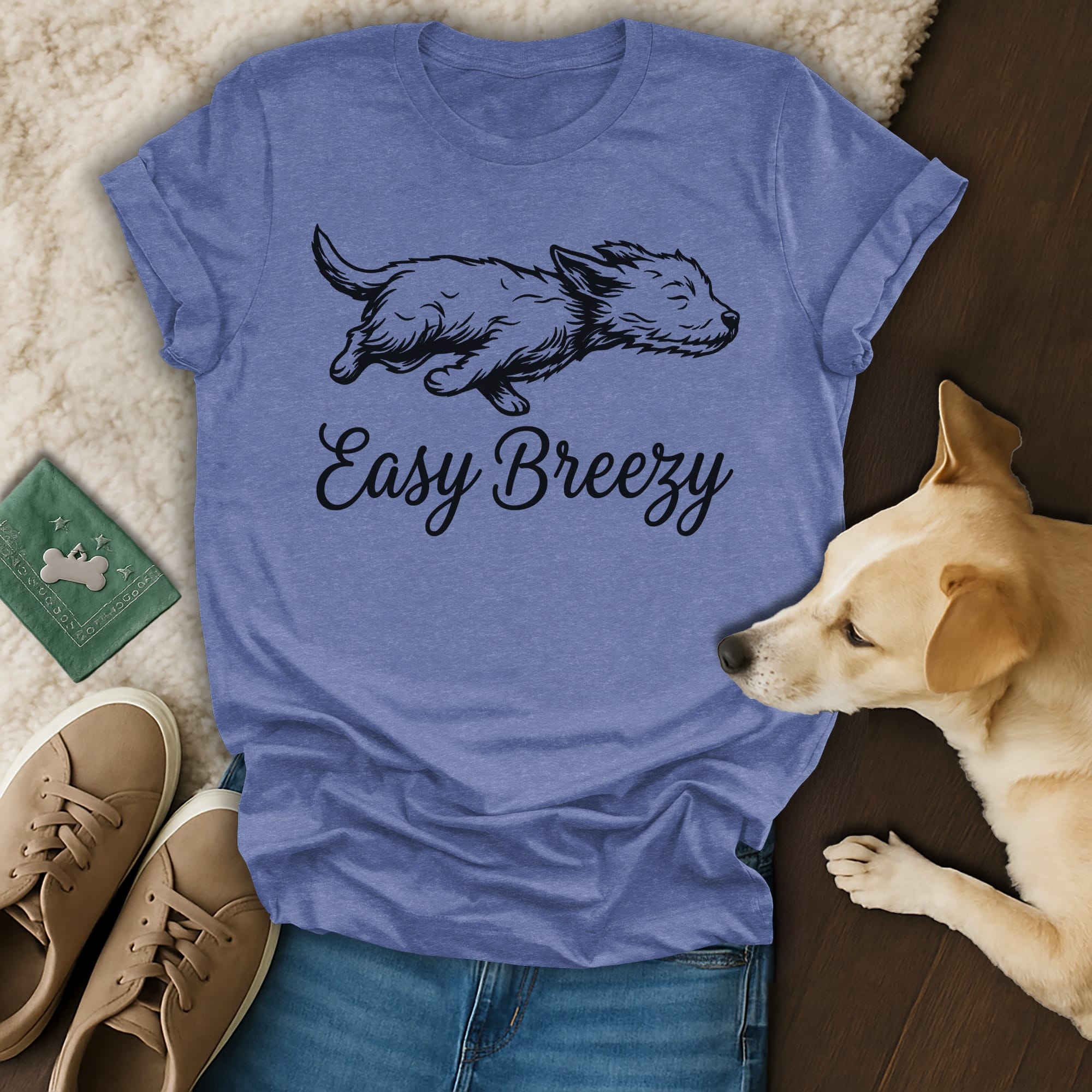 Heathered blue t-shirt with a sketched dog and "Easy Breezy" text.