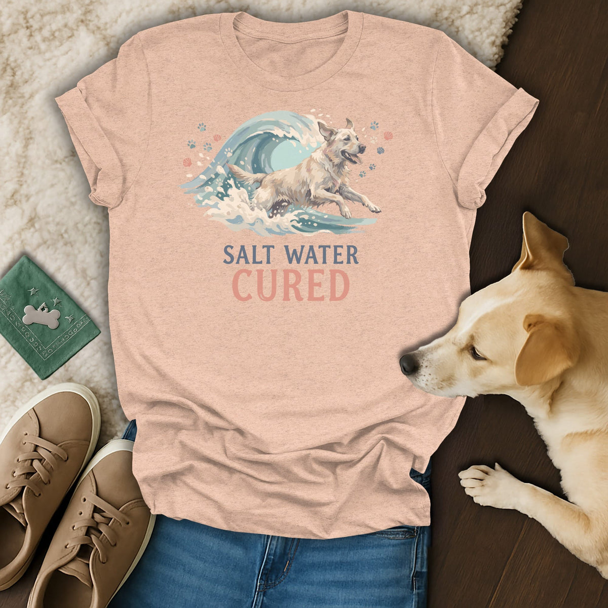 Peach t-shirt with a dog jumping through a wave and text "SALT WATER CURED".