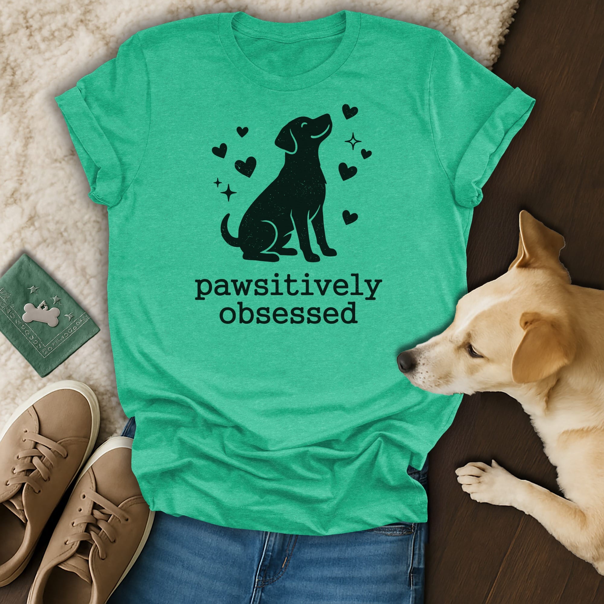 Green t-shirt with black dog silhouette and "pawsitively obsessed" text.