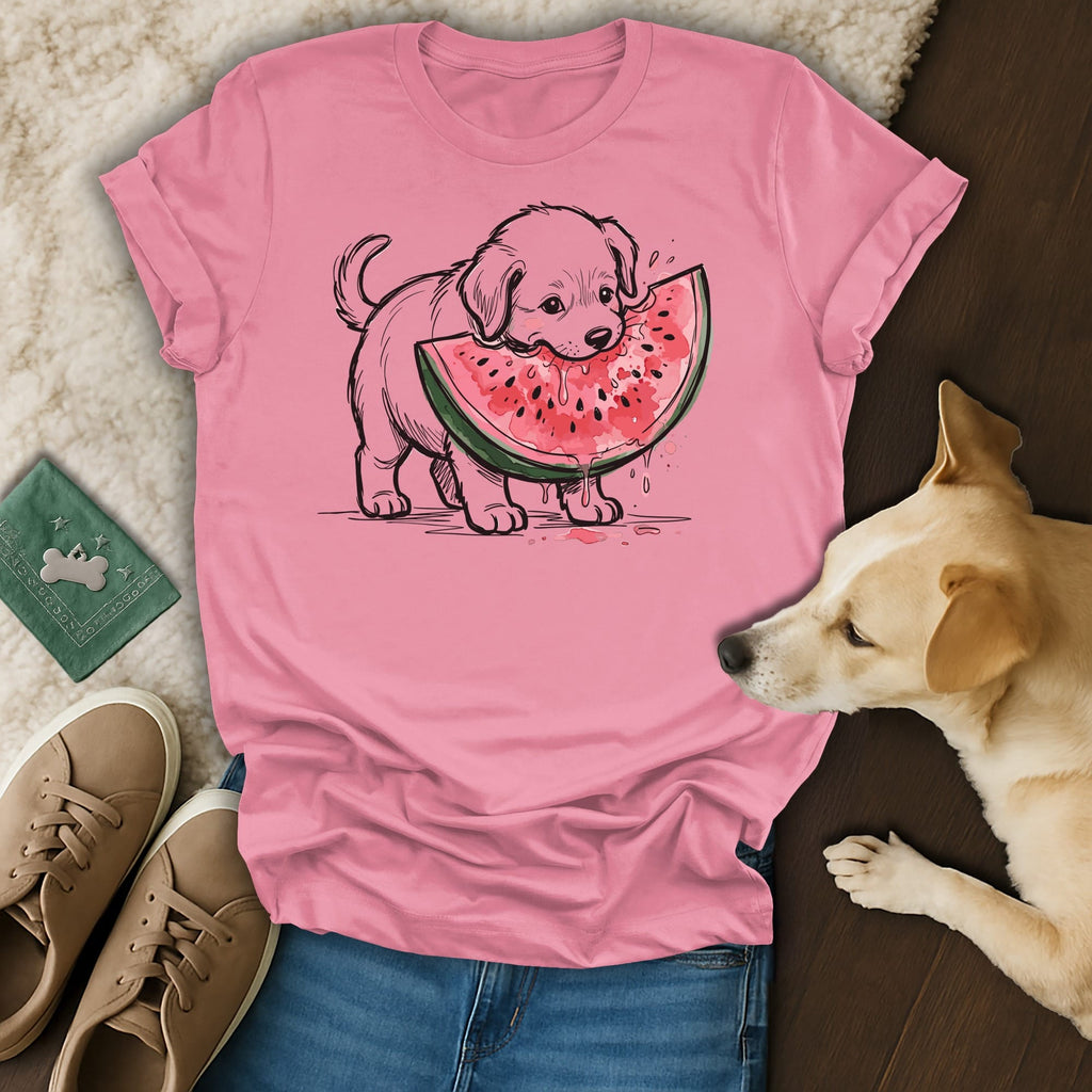 Pink t-shirt with black line drawing of puppy eating watermelon slice.
