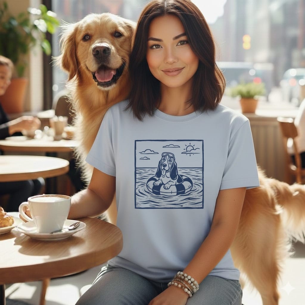 Woman and golden retriever in a cafe, dog wearing a float.